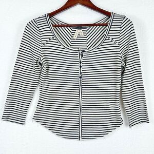 We the Free People Henley Top S Black Ivory Striped Stars & Stripes‎ Y2K